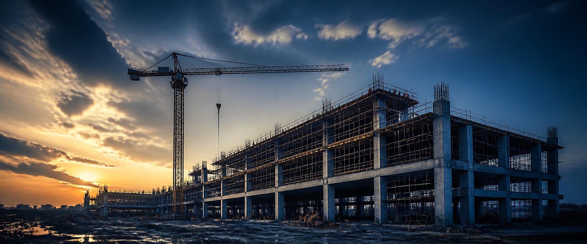 Building under construction with tower crane